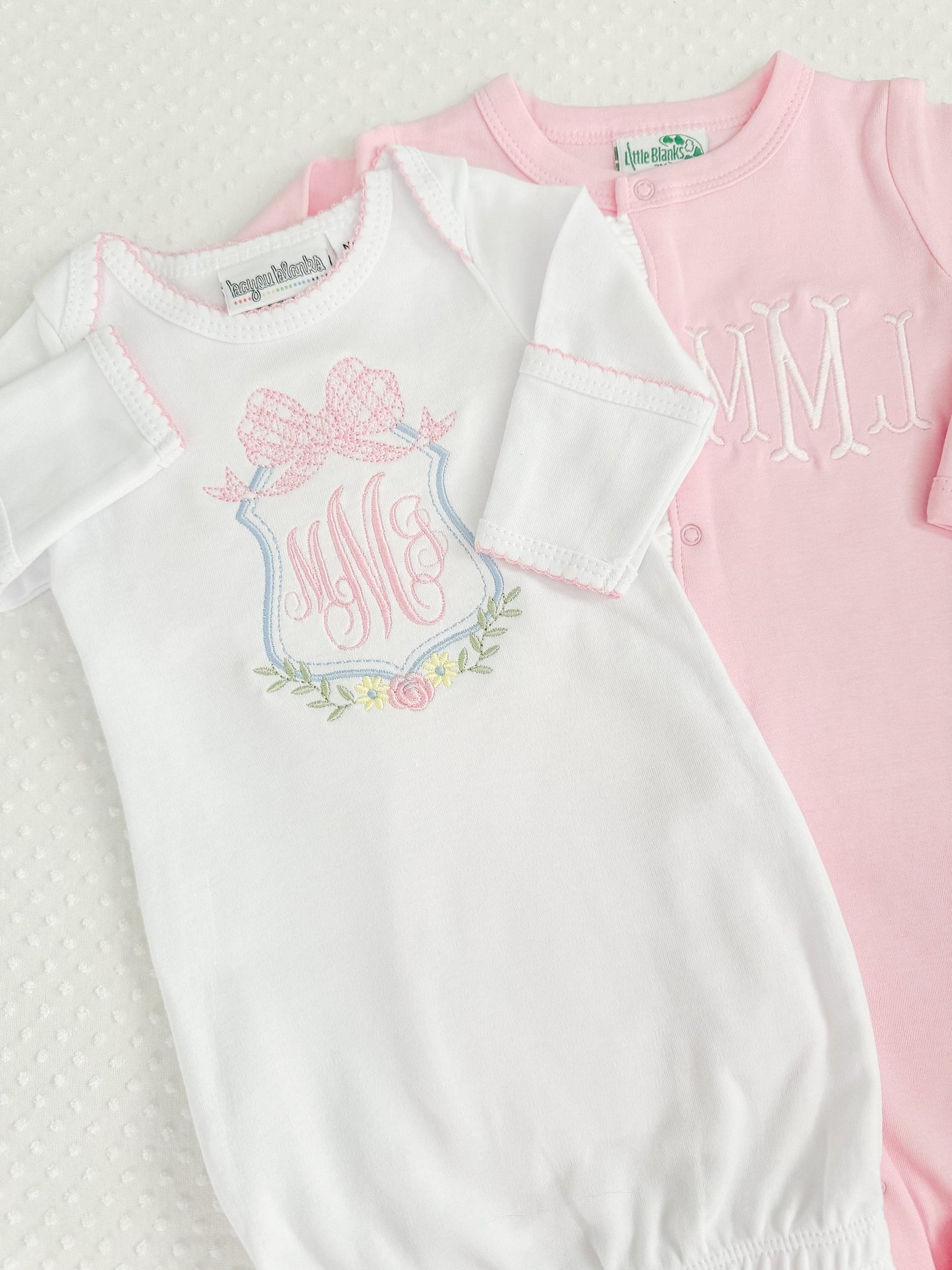 Embroidered Picot Trim Gown with Bow Monogram