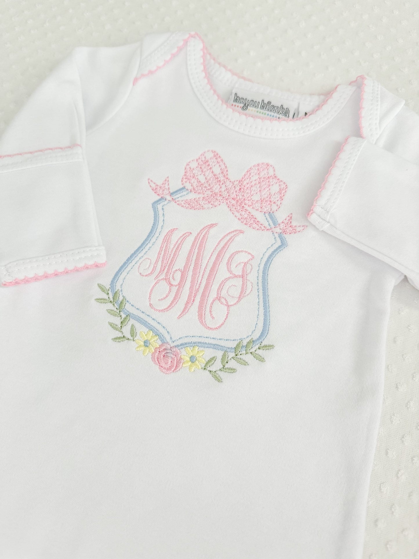 Embroidered Picot Trim Gown with Bow Monogram