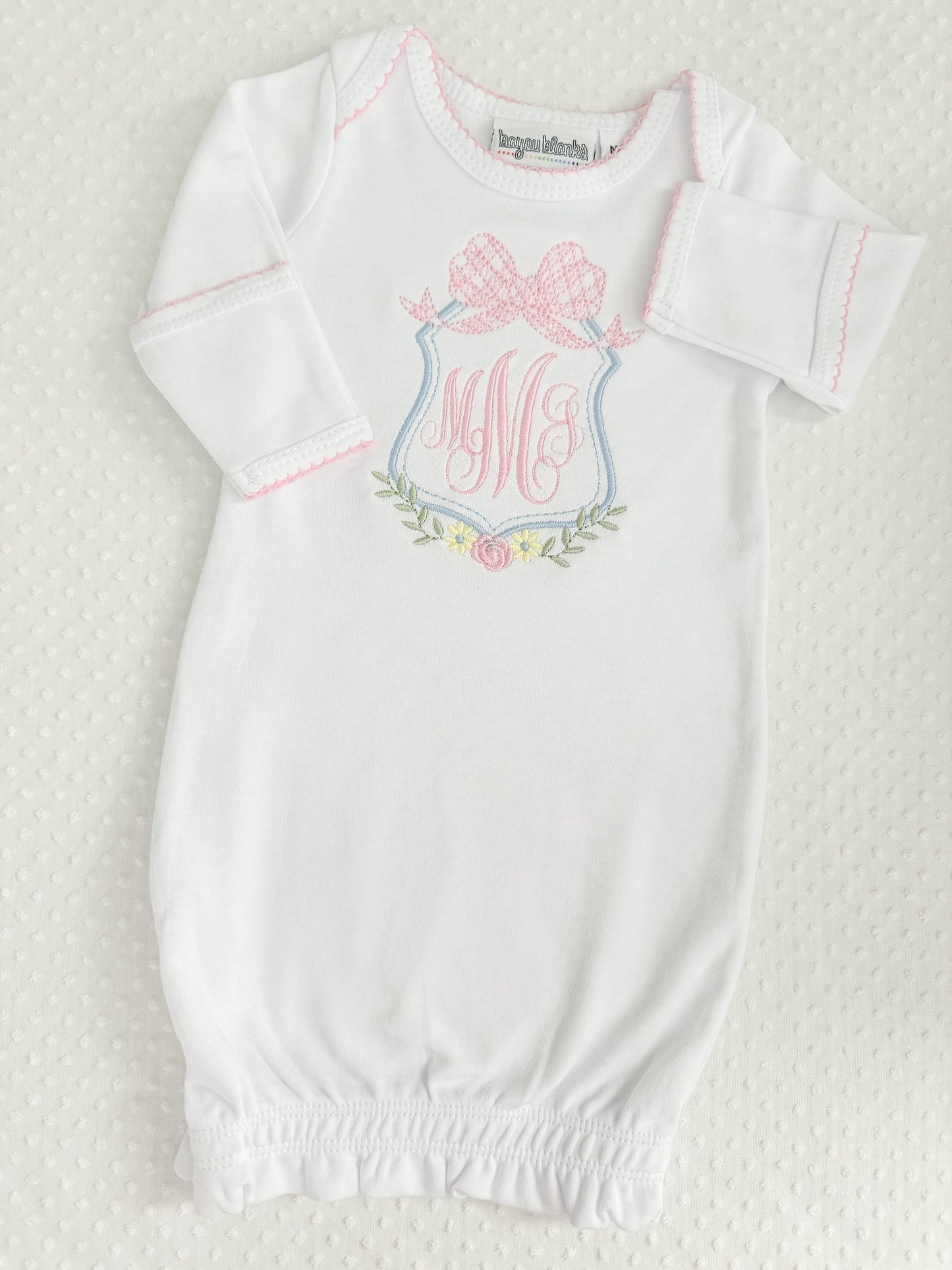 Embroidered Picot Trim Gown with Bow Monogram
