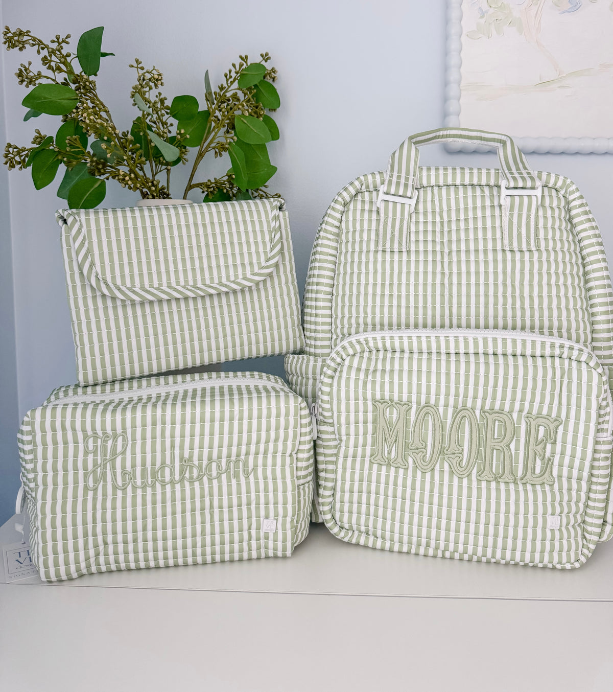 TRVL QUILTED PIMLICO STRIPE SAGE DIAPER BAG, CHANGING PAD AND EVERYDAY BAG SET