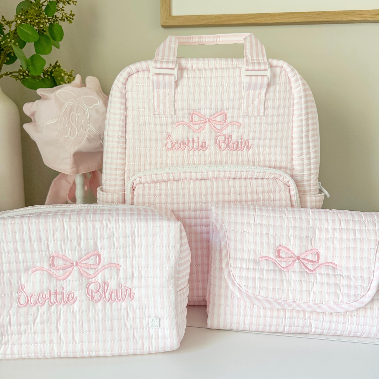 TRVL PINK PIMLICO STRIPE QUILTED DIAPER BAG, CHANGING PAD AND EVERYDAY BAG SET