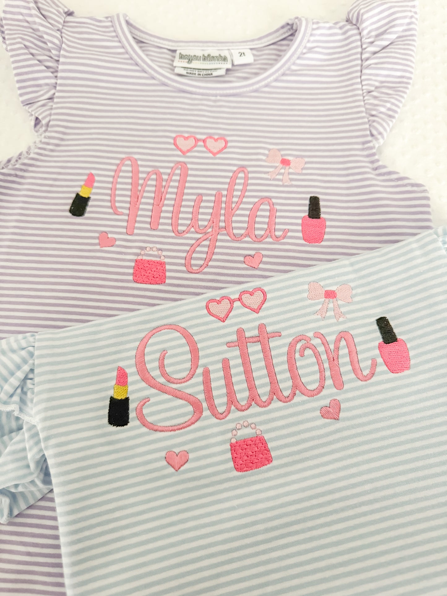 Embroidered Stripe Flutter Sleeve Makeup Bubble/Tee