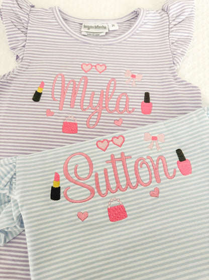 Embroidered Stripe Flutter Sleeve Makeup Bubble/Tee