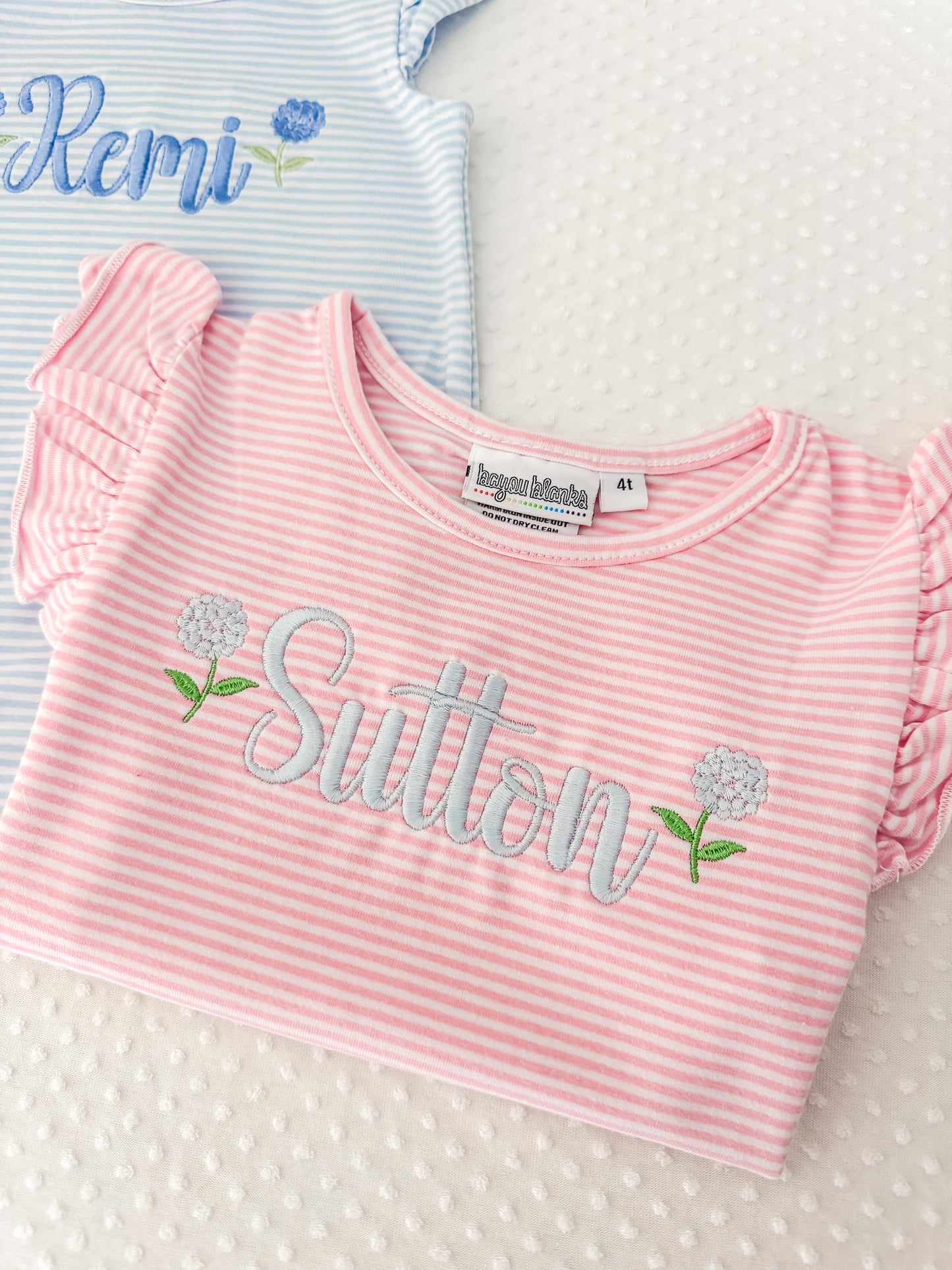 Embroidered Stripe Flutter Sleeve Hydrangeas Bubble/Tee