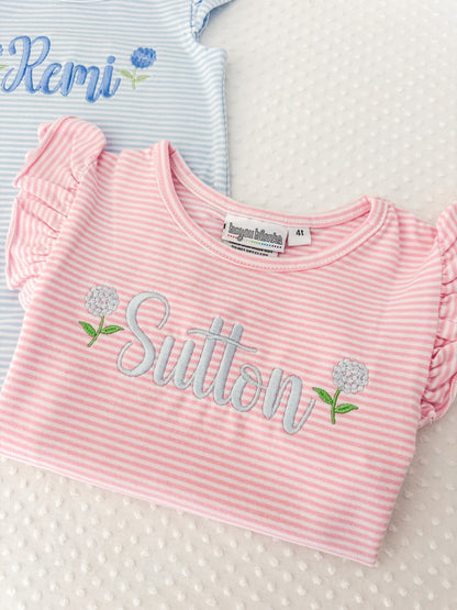 Embroidered Stripe Flutter Sleeve Hydrangeas Bubble/Tee