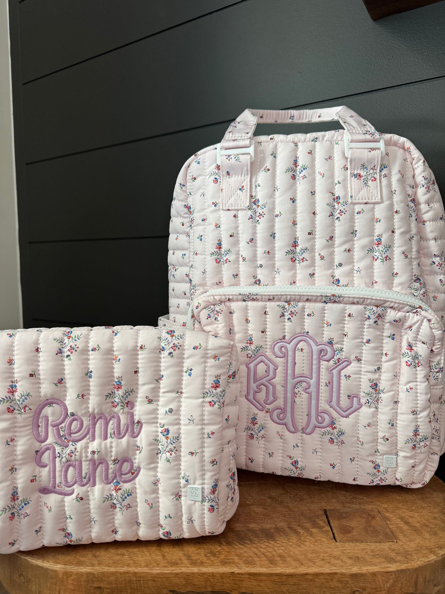 TRVL PINK FLEURIE QUILTED DIAPER BAG, CHANGING PAD AND EVERYDAY BAG SET