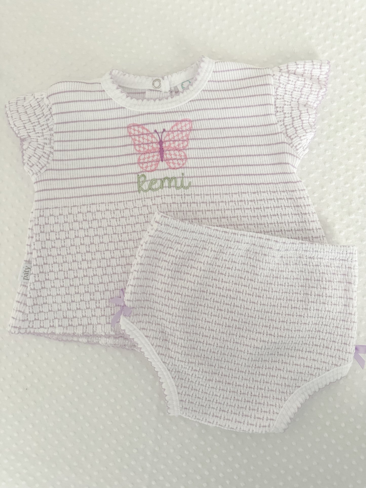 Flutter Sleeve Pinstripe Knit 2pc Diaper Set with Bows