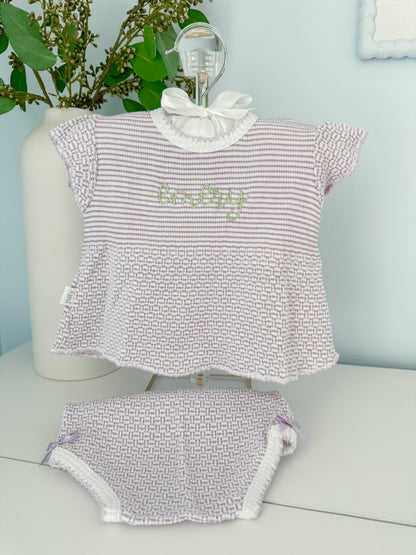 Embroidered “Emery” Paty Lavender Flutter Sleeve Knit 2pc Diaper Set with Bows