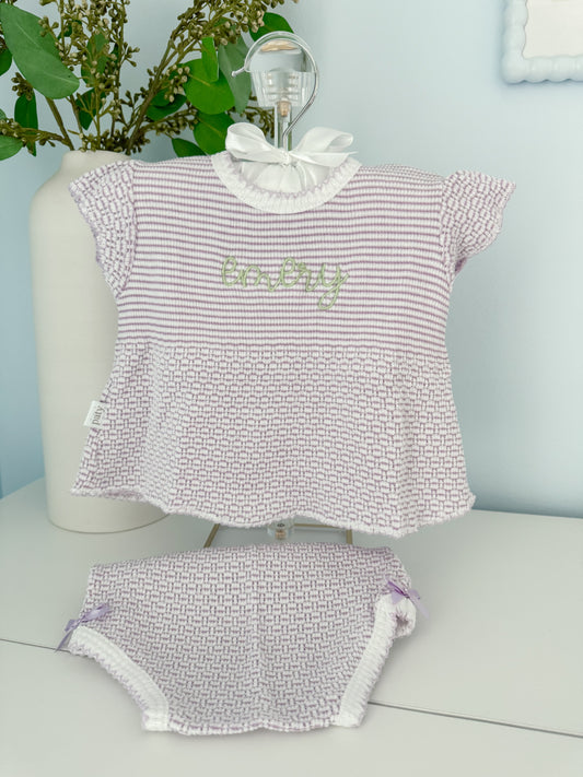 Embroidered “Emery” Paty Lavender Flutter Sleeve Knit 2pc Diaper Set with Bows