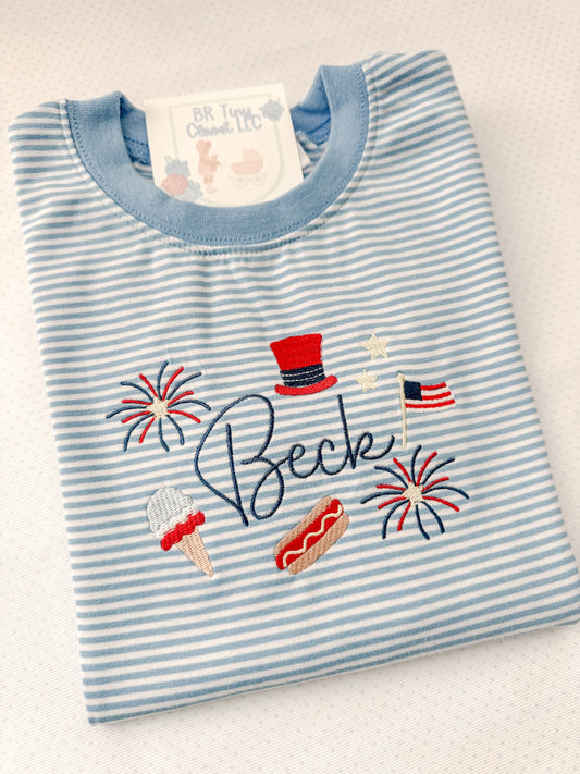 Embroidered SS Blue Stripe Patriotic Tee/Bubble