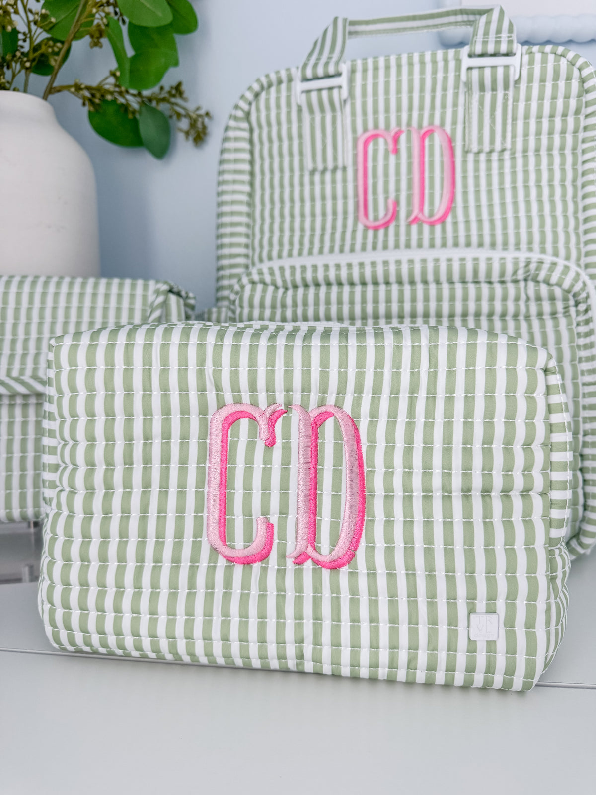 TRVL QUILTED PIMLICO STRIPE SAGE DIAPER BAG, CHANGING PAD AND EVERYDAY BAG SET