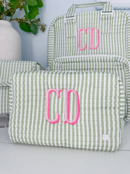 TRVL QUILTED PIMLICO STRIPE SAGE DIAPER BAG, CHANGING PAD AND EVERYDAY BAG SET