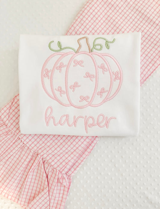 Embroidered Pink Pumpkin with Bows Tee/Pants/Set