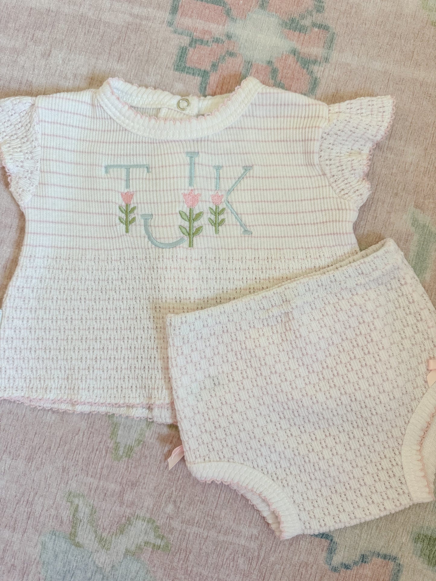 Flutter Sleeve Pinstripe Knit 2pc Diaper Set with Bows