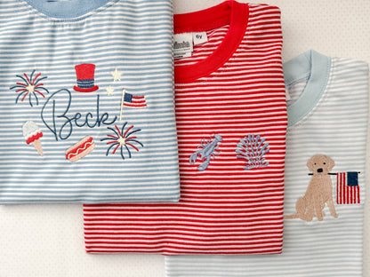 Embroidered SS Light Blue Stripe Puppy/Flag Tee/Bubble