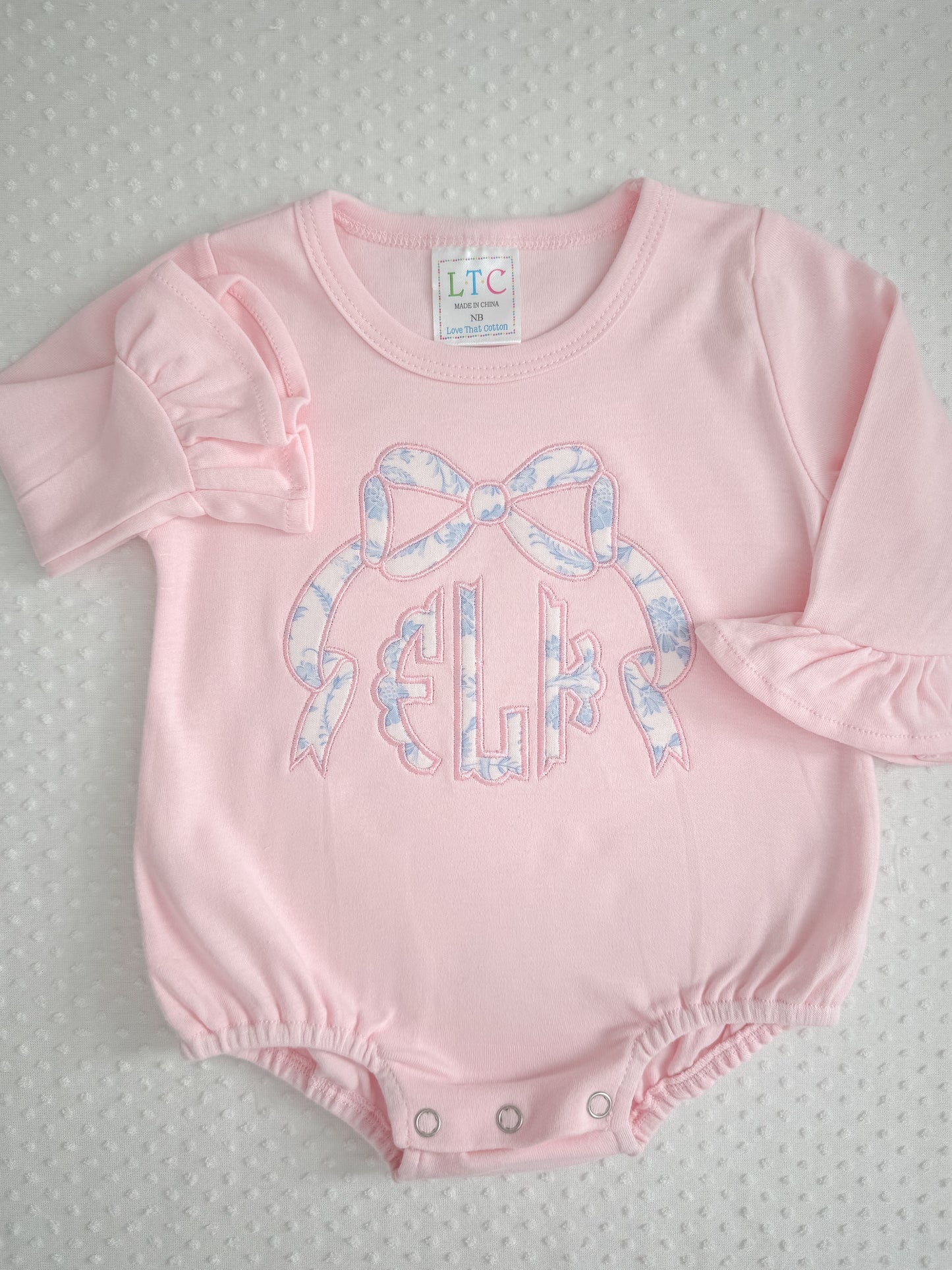 LS Ruffle Appliqué Bow Monogram Bubble