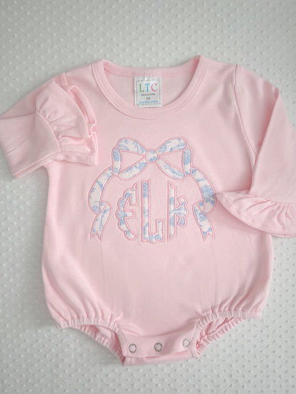 LS Ruffle Appliqué Bow Monogram Bubble