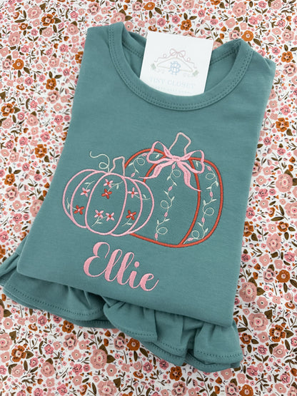Girls Embroidered Floral Pumpkin Ruffle T-Shirt