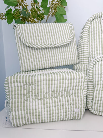 TRVL QUILTED PIMLICO STRIPE SAGE DIAPER BAG, CHANGING PAD AND EVERYDAY BAG SET