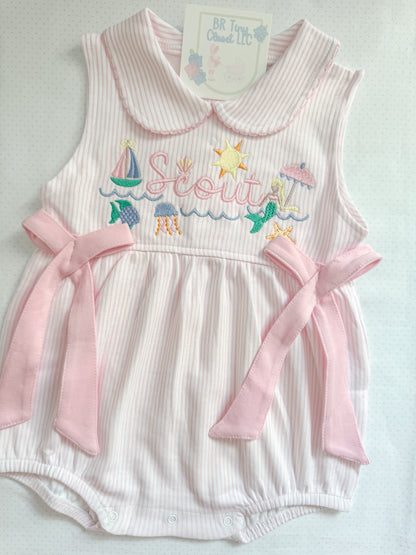 Embroidered Mermaid Beach Pink Bow Bubble with Eyelet Trim