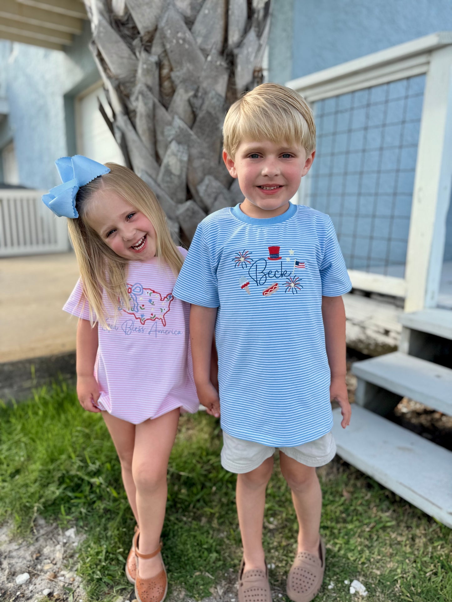 Embroidered SS Blue Stripe Patriotic Tee/Bubble