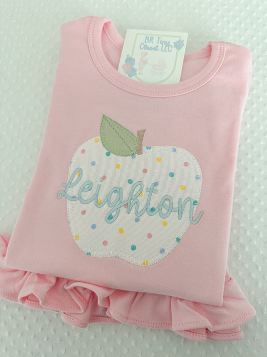Girls Embroidered Appliqué Apple Ruffle Tee