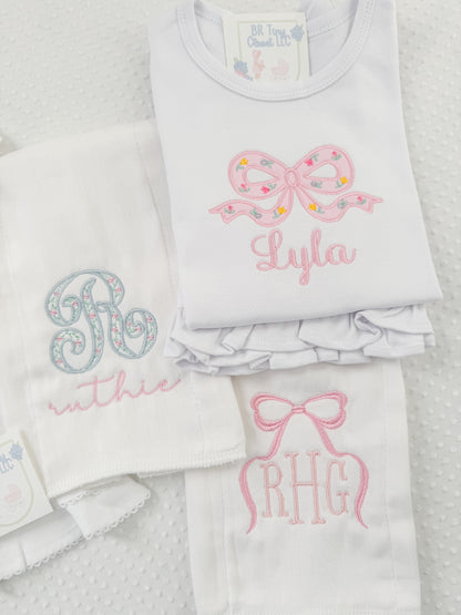 SET of 3, Baby Girl Embroidered Burp Cloths