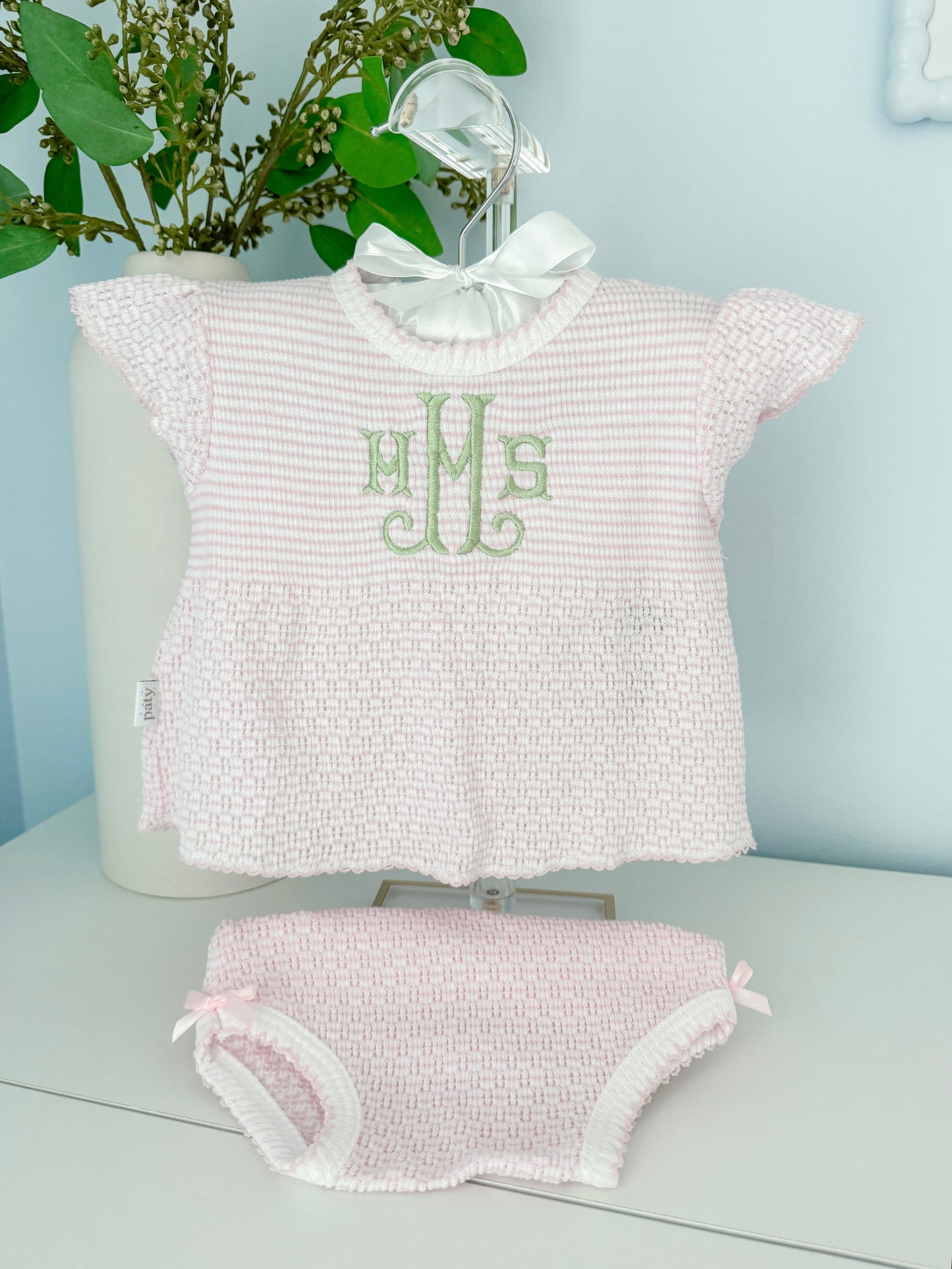 Embroidered Paty Pink Flutter Sleeve Knit 2pc Diaper Set with “MMS” initials