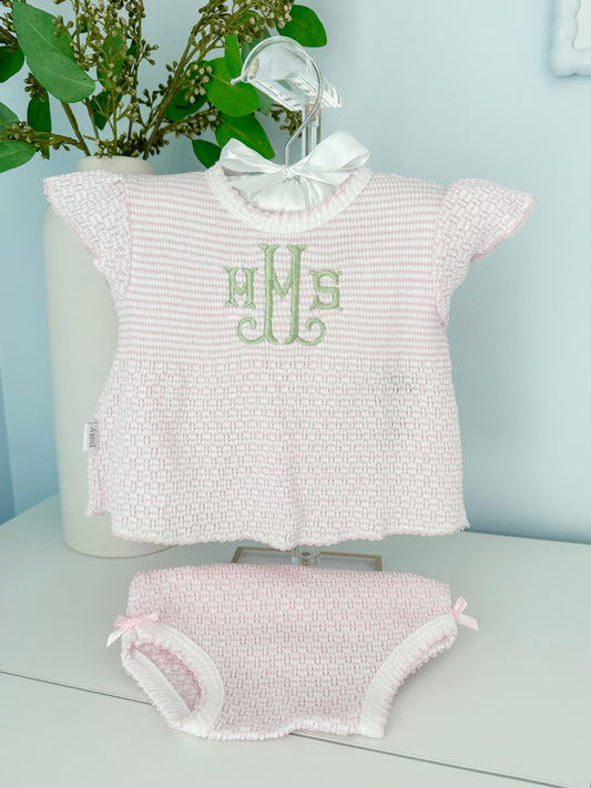 Embroidered Paty Pink Flutter Sleeve Knit 2pc Diaper Set with “MMS” initials