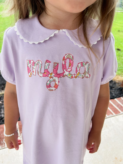 Scalloped Lavender Embroidered Floral Name Bubble