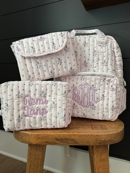 TRVL PINK FLEURIE QUILTED DIAPER BAG, CHANGING PAD AND EVERYDAY BAG SET