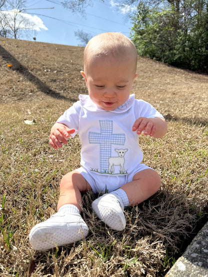 Appliqué Easter/ Cross Lamb Collared Romper