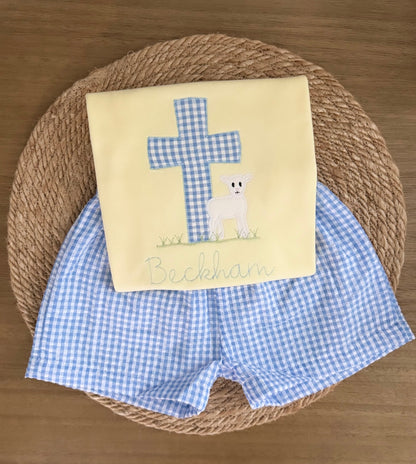 Embroidered Easter Cross and Lamb  Shirt/Short/Set