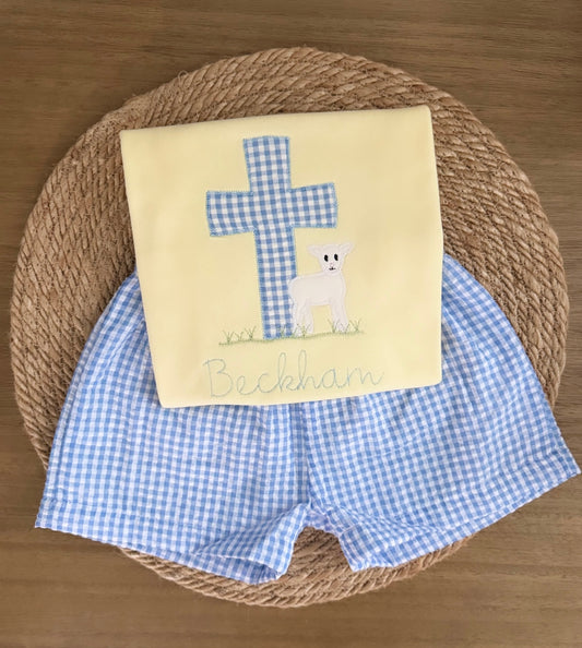Embroidered Easter Cross and Lamb  Shirt/Short/Set