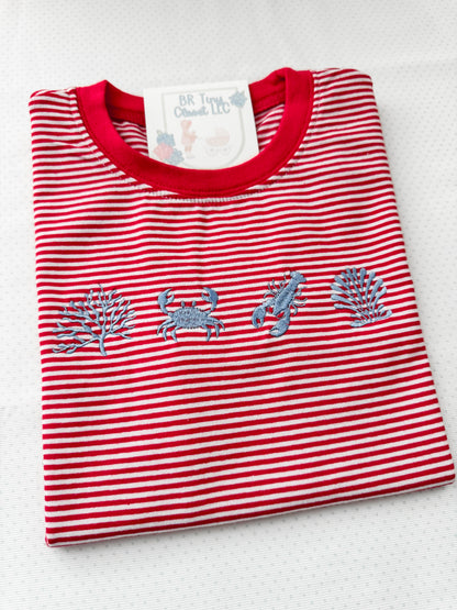 Embroidered SS Red Stripe Beach Tee/Bubble