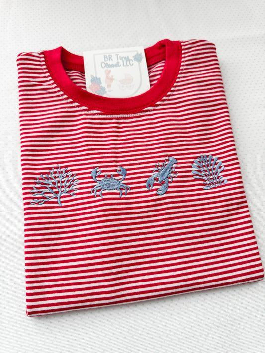 Embroidered SS Red Stripe Beach Tee/Bubble