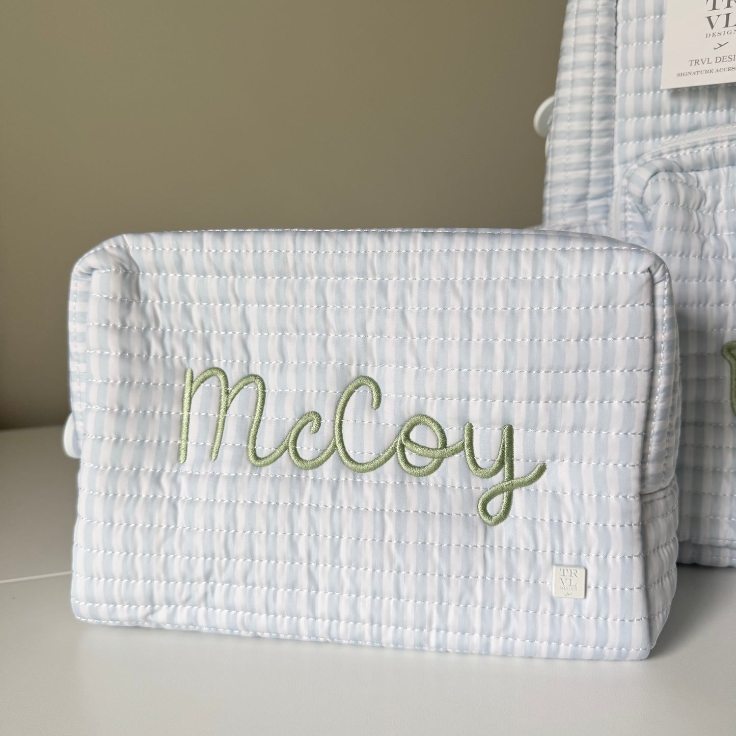 TRVL BLUE PIMLICO STRIPE QUILTED DIAPER BAG, CHANGING PAD AND EVERYDAY BAG SET