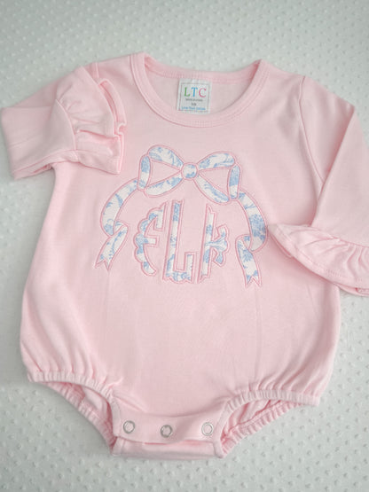 LS Ruffle Appliqué Bow Monogram Bubble