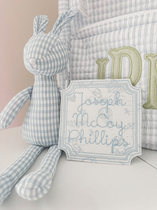 Embroidered Baby Bassinet Tag, Boys Monogrammed Bassinet Banner