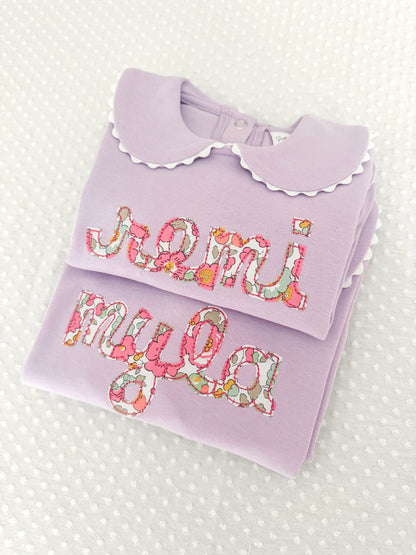 Scalloped Lavender Embroidered Floral Name Bubble