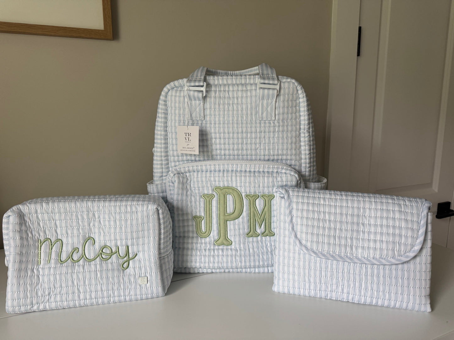 TRVL BLUE PIMLICO STRIPE QUILTED DIAPER BAG, CHANGING PAD AND EVERYDAY BAG SET