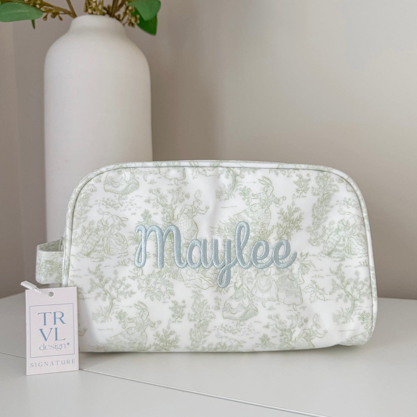 TRVL GREEN BUNNY TOILE TOILETRY BAG