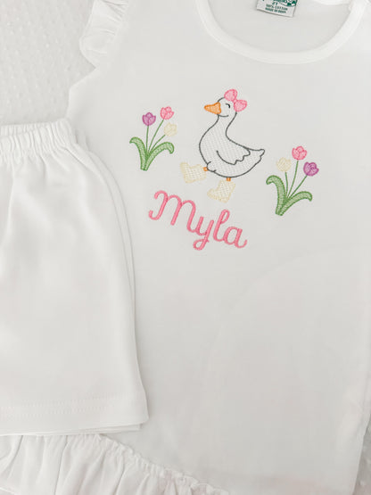 Girls Embroidered Goose Shirt& Short Set