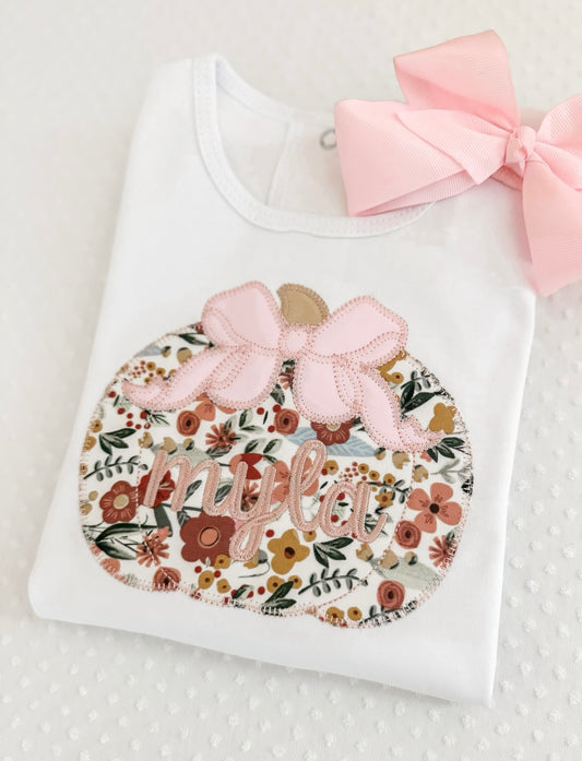 Fall Appliqué Bow Pumpkin Romper/Ruffle Tee