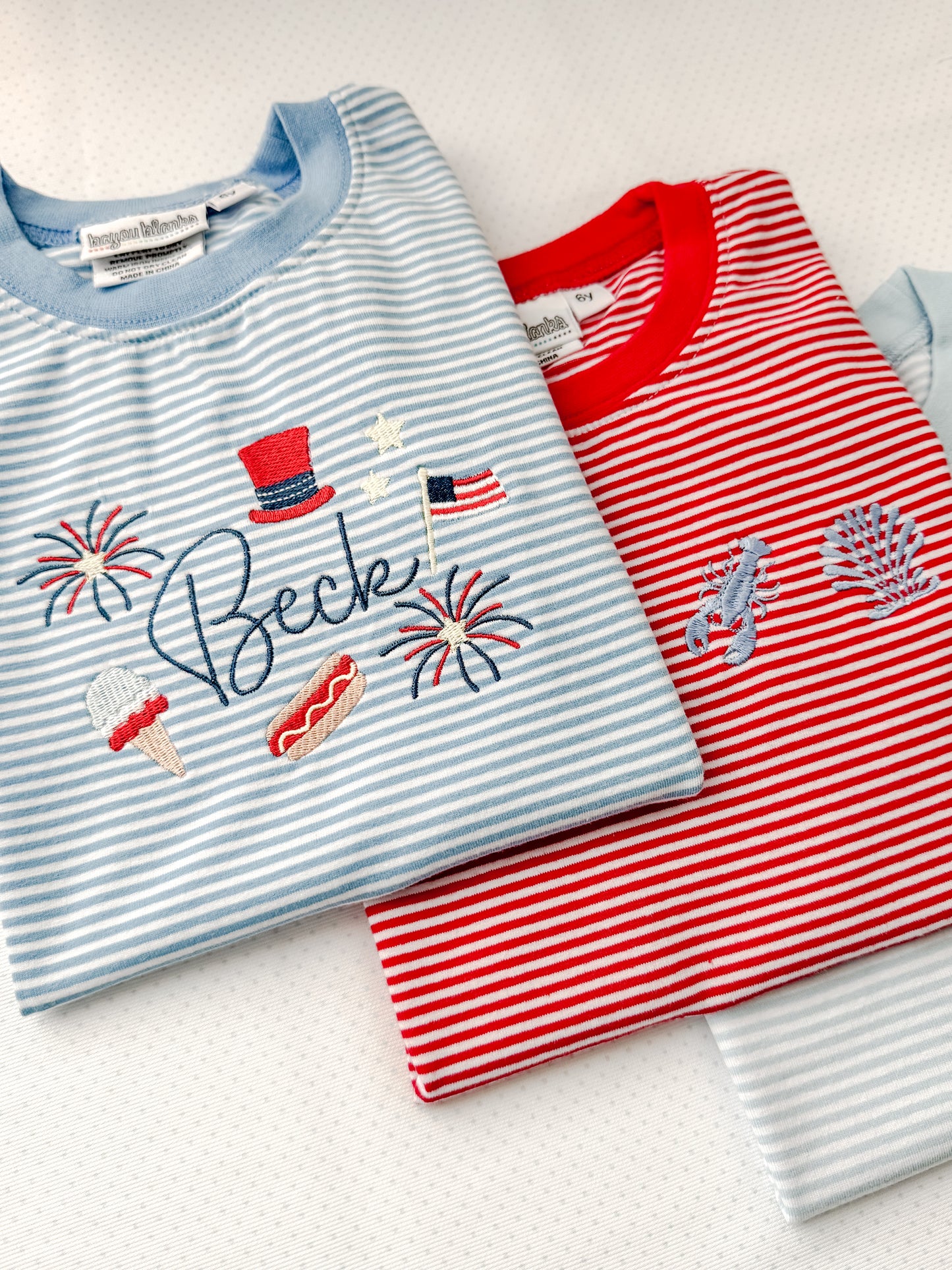 Embroidered SS Blue Stripe Patriotic Tee/Bubble