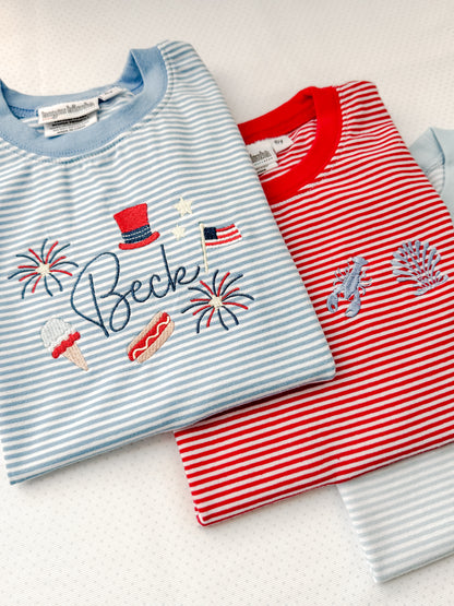 Embroidered SS Blue Stripe Patriotic Tee/Bubble