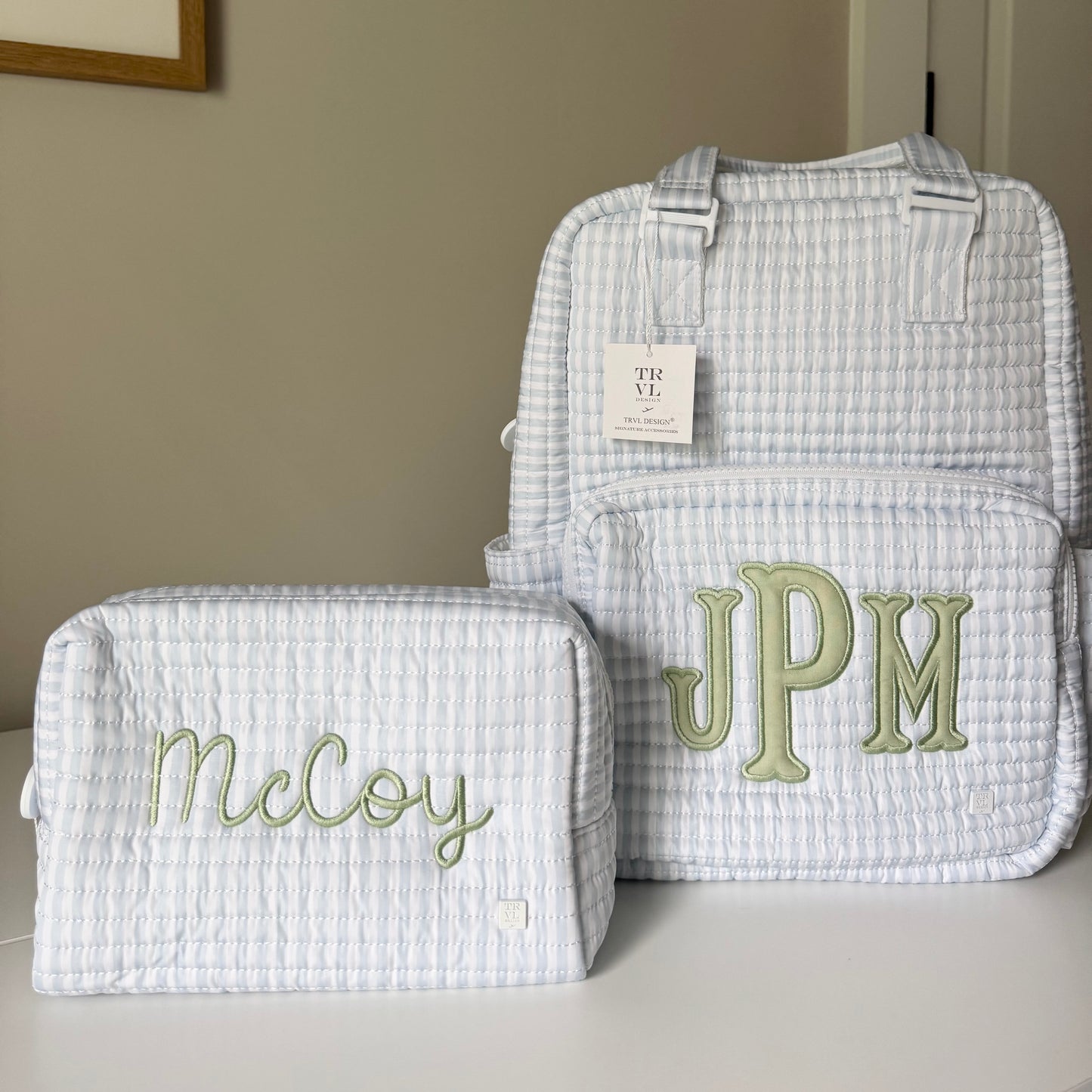 TRVL BLUE PIMLICO STRIPE QUILTED DIAPER BAG, CHANGING PAD AND EVERYDAY BAG SET
