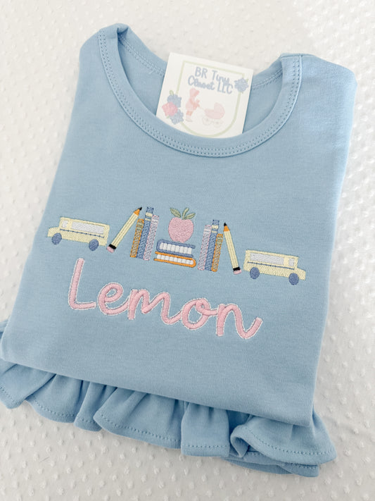 Girls Embroidered School Bus Ruffle Tee