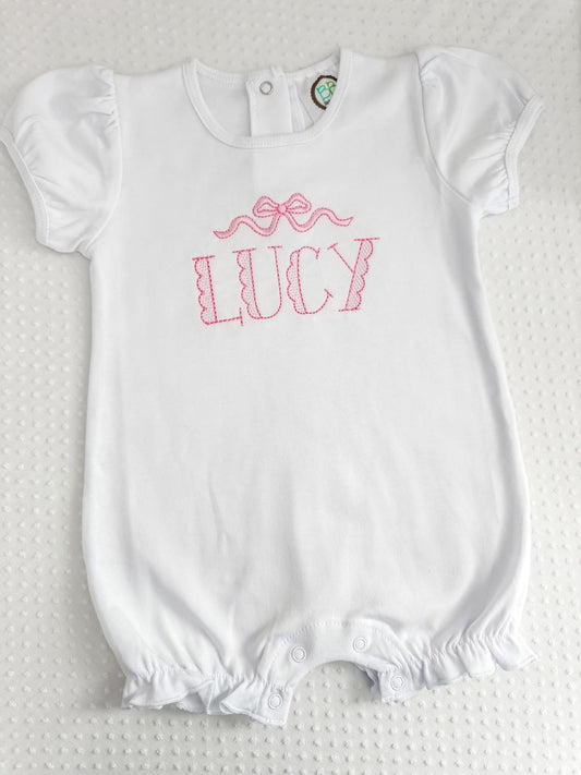 Embroidered Bow Scallop Name Ruffle Romper