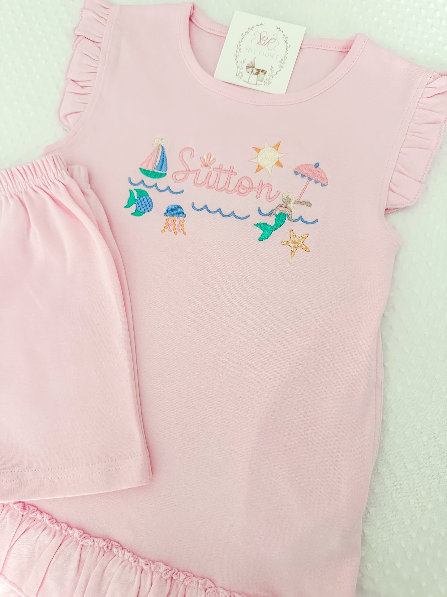Girls Embroidered Mermaid Shirt & Short Set